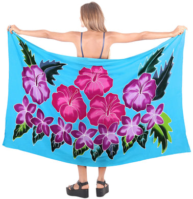 Turquoise Non-Sheer Hand Painted Hibiscus Floral and Leaves Beach Wrap For Women