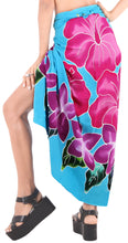 Load image into Gallery viewer, Turquoise Non-Sheer Hand Painted Hibiscus Floral and Leaves Beach Wrap For Women