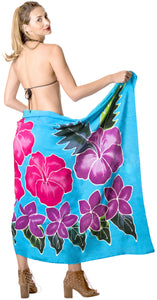 Turquoise Non-Sheer Hand Painted Hibiscus Floral and Leaves Beach Wrap For Women