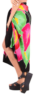 Black Non-Sheer Hand Painted Multicolor Leaves Beach Wrap For Women