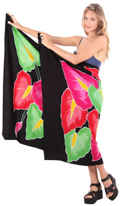 Black Non-Sheer Hand Painted Multicolor Leaves Beach Wrap For Women