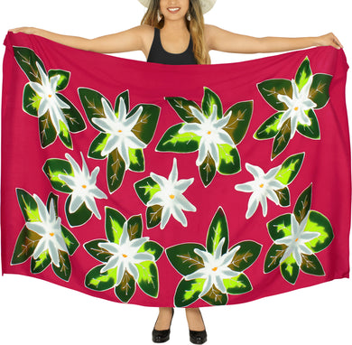 Red Non-Sheer Hand Painted White Floral and Leaves Beach Wrap For Women