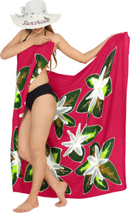 Red Non-Sheer Hand Painted White Floral and Leaves Beach Wrap For Women