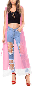 La Leela Baby Pink Sheer Kimono Cardigan Jacket With Fringes