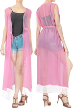 Load image into Gallery viewer, La Leela Baby Pink Sheer Kimono Cardigan Jacket With Fringes