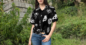 La Leela Women's Causal Halloween Skull Cross & Pirates Scary Printed Black Shirt