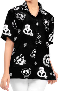 La Leela Women's Causal Halloween Skull Cross & Pirates Scary Printed Black Shirt