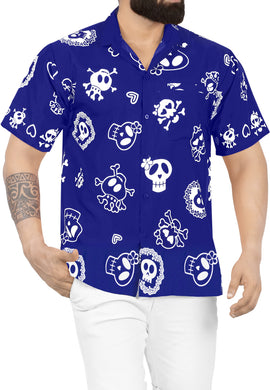 La Leela Men's Causal Halloween Skull Cross & Pirates Scary Printed Royal Blue Shirt
