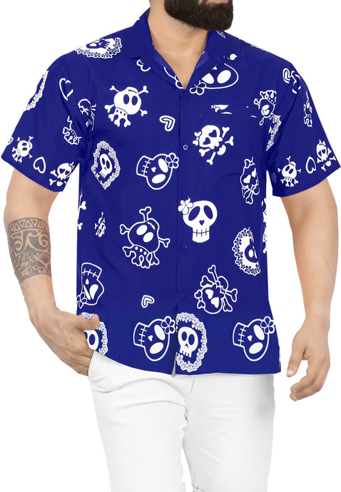 La Leela Men's Causal Halloween Skull Cross & Pirates Scary Printed Royal Blue Shirt