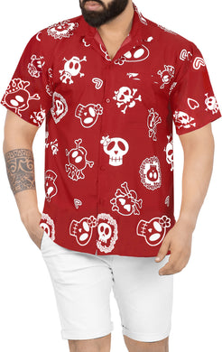 La Leela Men's Causal Halloween Skull Cross & Pirates Scary Printed Red Shirt