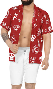 La Leela Men's Causal Halloween Skull Cross & Pirates Scary Printed Red Shirt