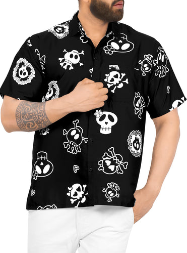 La Leela Men's Causal Halloween Skull Cross & Pirates Scary Printed Black Shirt