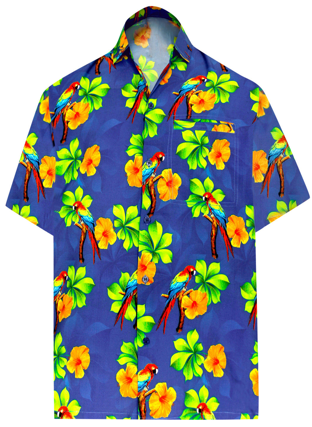 Royal Blue Floral and Parrot Print Hawaiian Shirt For Men