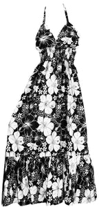 Black Floral Print Halter Neck Long  Dress For Women