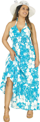 Turquoise Blue Floral Print Halter Neck Long  Dress For Women