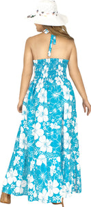 Turquoise Blue Floral Print Halter Neck Long  Dress For Women