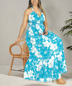 Turquoise Blue Floral Print Halter Neck Long  Dress For Women