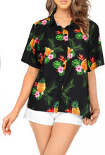 Load image into Gallery viewer, Black Pineapple and Floral Print Hawaiian Shirts for Women
