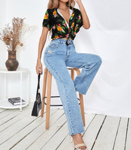 Load image into Gallery viewer, Black Pineapple and Floral Print Hawaiian Shirts for Women