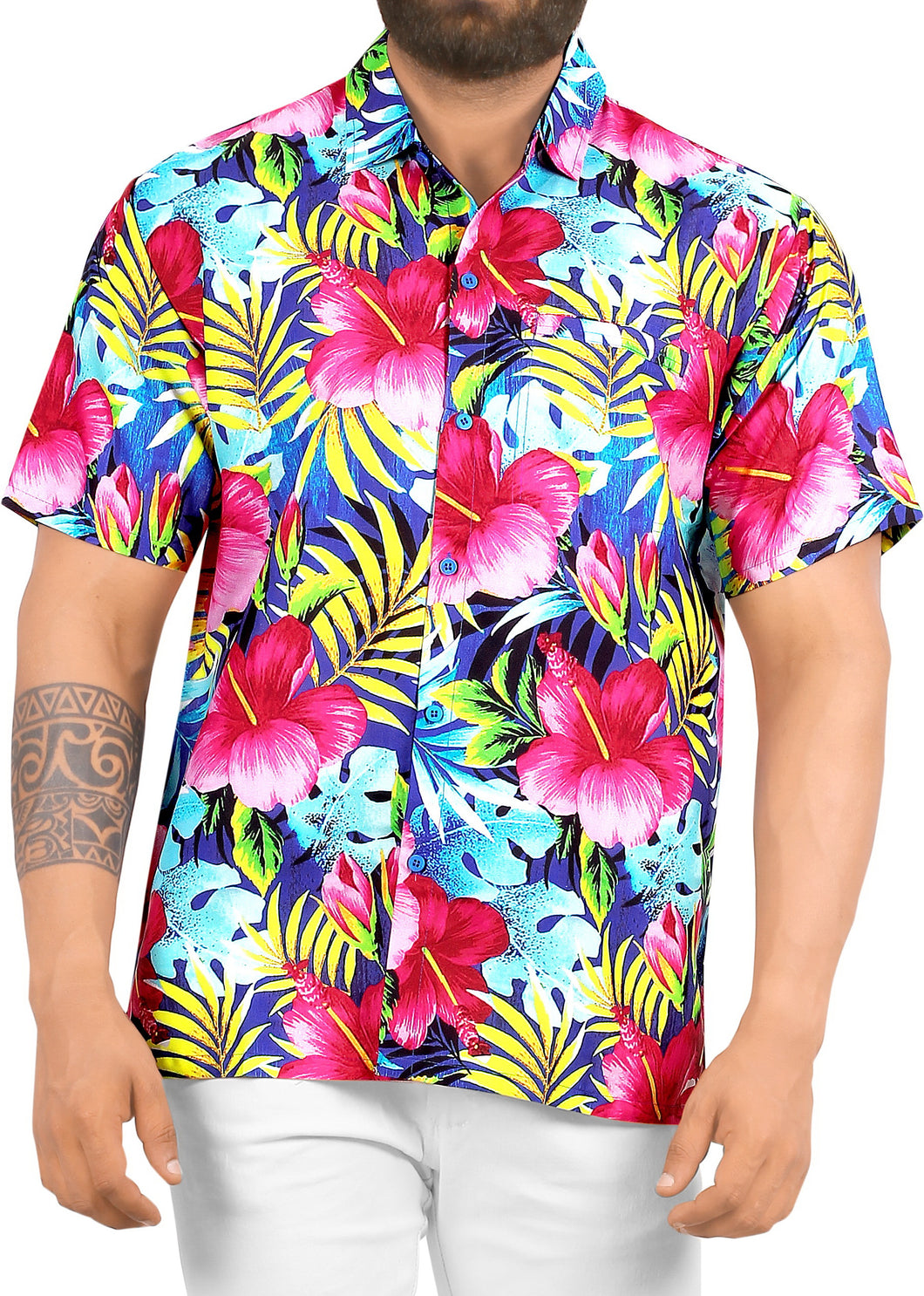 Multicolor Hisbiscus Printed Short Sleave Hawaiian Beach Shirts For Men