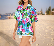 Load image into Gallery viewer, Multicolor Hisbiscus flower with palm leaves and Monstera Leaves Print Shirts for Women