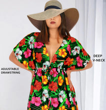 Load image into Gallery viewer, Black Non-Sheer Allover Floral and Leaves Printed V-Neck Beach Cover up For Women