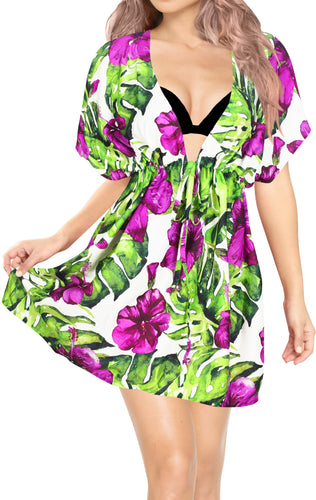 Multi Color Non-Sheer Tropical Floral and Leaves Print V-Neck Beach Cover up For Women