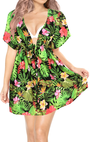 Black Tropical Vibes Floral and Leaves V-Neck Non-Sheer Beach Cover Up For Women