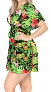 Black Tropical Vibes Floral and Leaves V-Neck Non-Sheer Beach Cover Up For Women
