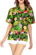 Load image into Gallery viewer, Black Hawaiian Women Shirt with Allover Leaves and Floral Print