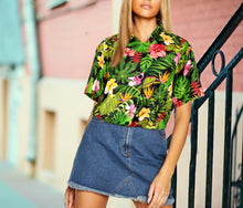 Load image into Gallery viewer, Black Hawaiian Women Shirt with Allover Leaves and Floral Print