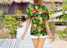 Load image into Gallery viewer, Black Hawaiian Women Shirt with Allover Leaves and Floral Print