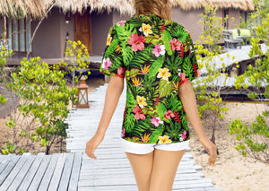 Black Hawaiian Women Shirt with Allover Leaves and Floral Print