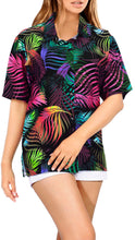 Load image into Gallery viewer, Black Hawaiian Women Shirt with Allover Multicolor Palm Leaves Print