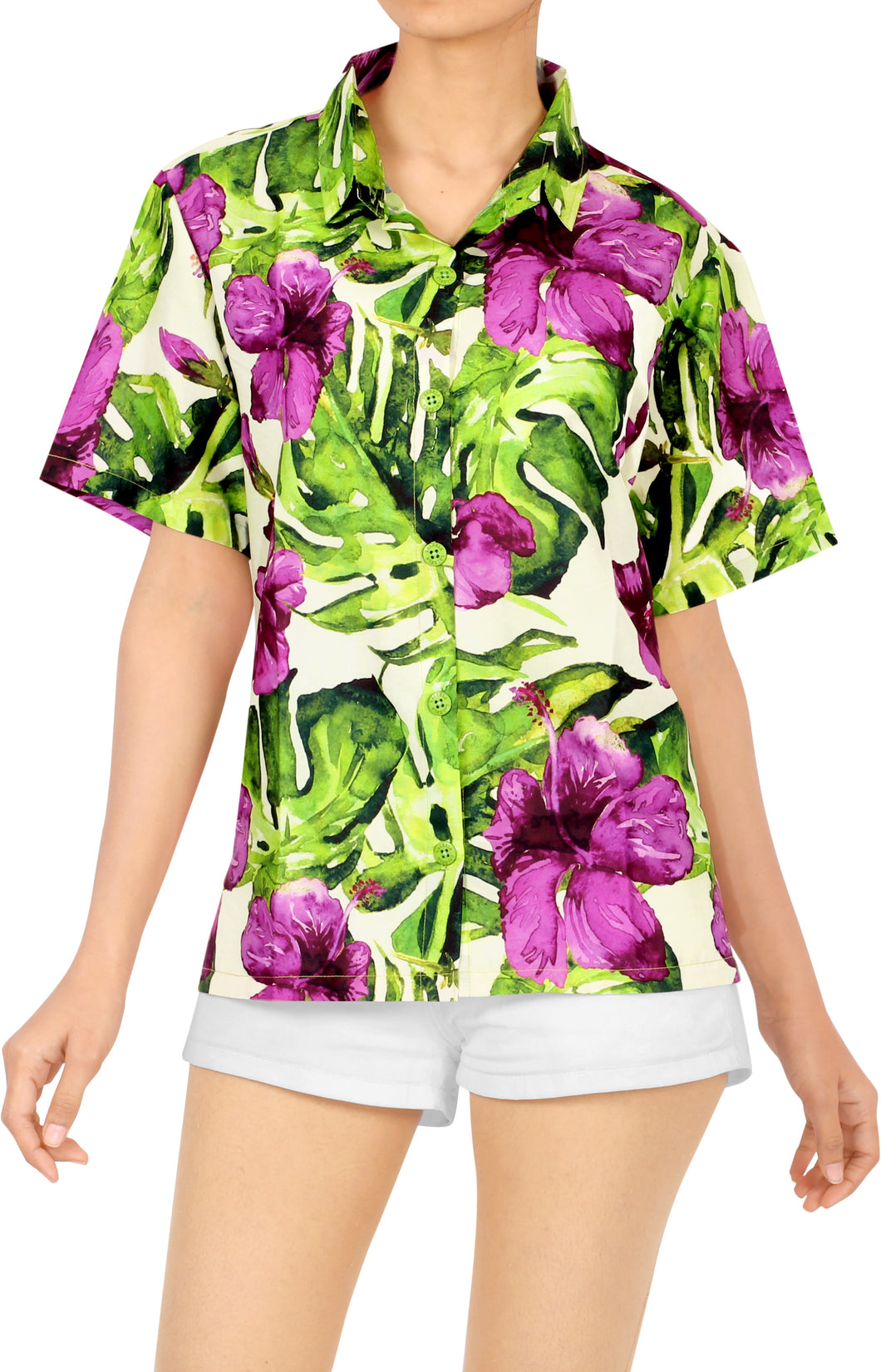 Multicolor Monstera Leaves and Hisbiscus Flower Printed Hawaiian Shirt For Women