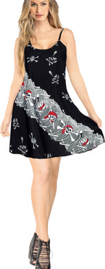 La Leela Halloween Women's Sundress With Pirates and Cross Skull Print Black