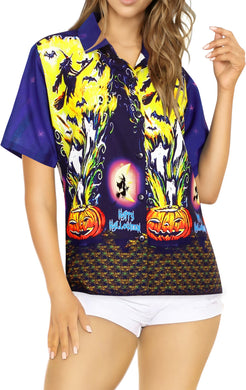 La Leela Halloween Women's Pumpkin And Witch Printed Navy Blue Shirt