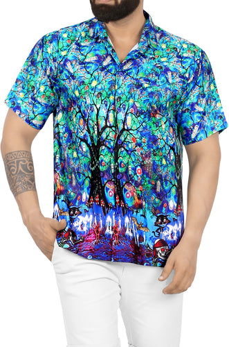 La Leela Halloween Men's Haunted Scary Night Cat And Bat Printed Bright Blue Shirt