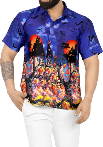 La Leela Halloween Men's Haunted House And Witch Printed Royal Blue Shirt