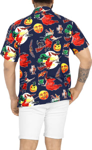 La Leela Halloween Men's Pumpkin And Scary Witch Printed Navy Blue Shirt