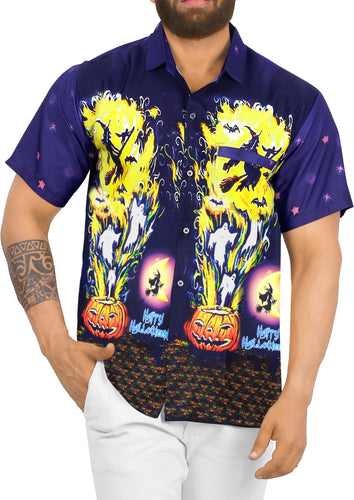 La Leela Halloween Men's Pumpkin And Witch Printed Navy Blue Shirt