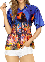 Load image into Gallery viewer, La Leela Halloween Women&#39;s Haunted House And Witch Printed Royal Blue Shirt