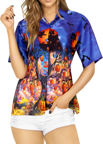 La Leela Halloween Women's Haunted House And Witch Printed Royal Blue Shirt