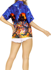 La Leela Halloween Women's Haunted House And Witch Printed Royal Blue Shirt