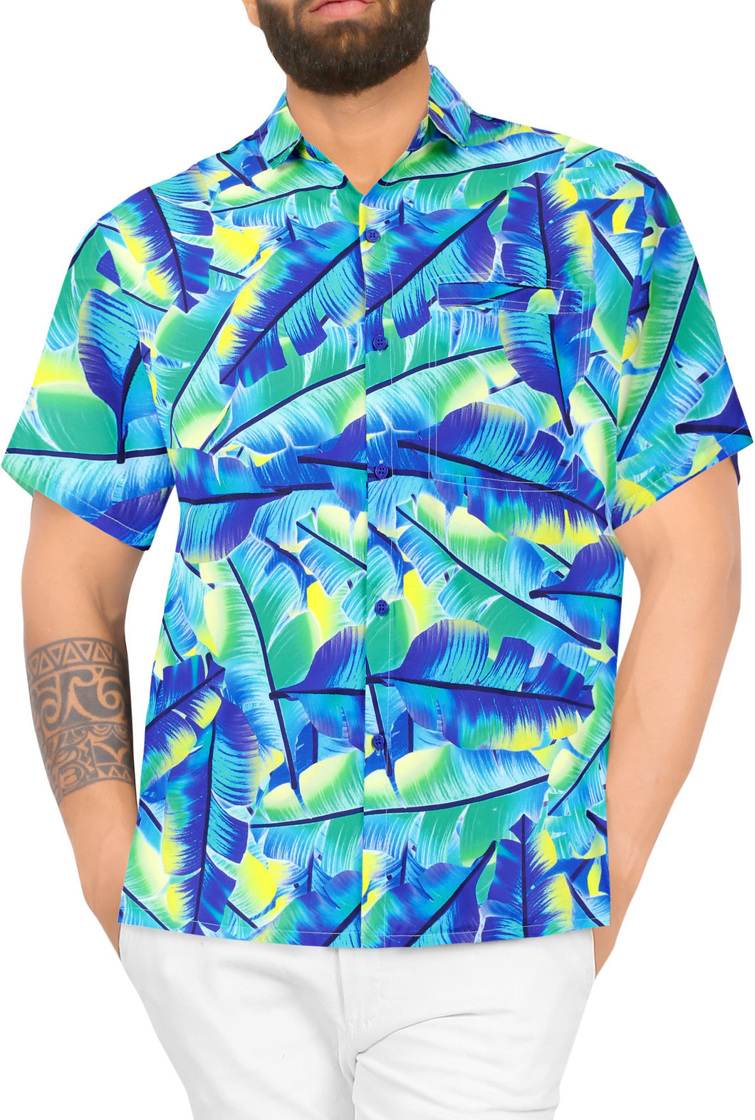 Blue Allover Banana Leaves Printed Casual Hawaiian Shirts for Men