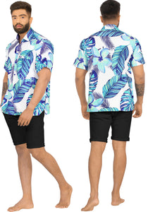 Men's Hibiscus and leaves Printed Beach Shirts in Stunning Blue Hues