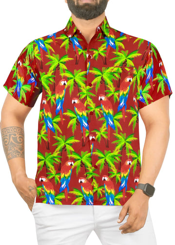 Allover Parrot and Leaves Printed Hawaiian Red Beach Shirt For Men