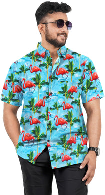 Blue Palm Tree and Flamingo Printed Short Sleave Hawaiian Beach Shirts For Men