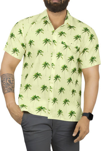 Cream Allover Palm Tree Printed Stylish Casual Beach Shirts For Men