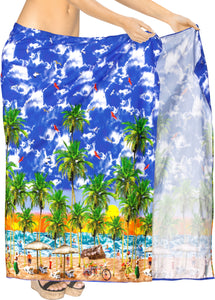 Royal Blue Non-Sheer Beach Wrap For Women with Beach View Print